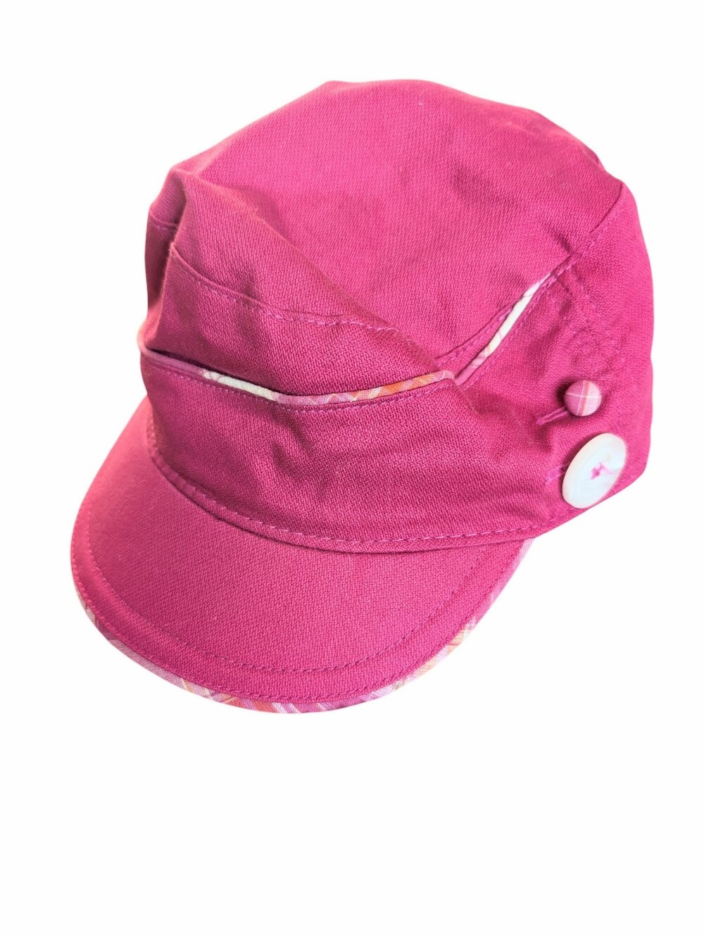 Merrell Messenger Cap Raspberry Pink With Plaid Trim And Statement Buttons. OS